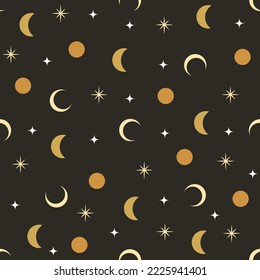 Seamless pattern with moon and stars on a dark background. Boho mystical celestial clipart. Vector Illustration.