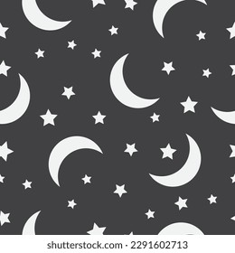 Seamless pattern with moon and stars on a dark background. High quality vector illustration.