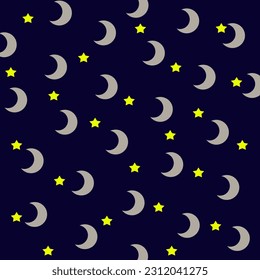 Seamless pattern of the moon and stars on a dark blue background. Vector illustration.