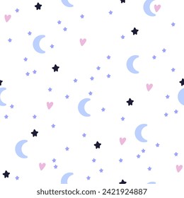 Nahtloses Muster mit Mond und Sternen auf weißem Hintergrund. Vektorgrafik
