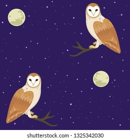 Seamless pattern with moon, stars and owls. Vector illustration