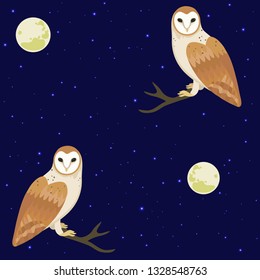 Seamless pattern with moon, stars and owls. Vector illustration