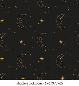 Seamless pattern with moon and stars in retro style. Vector illustration