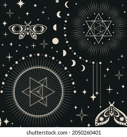 Seamless Pattern of Moon, Stars, Sacred Geometry and Mystic Symbols in Beige Colors