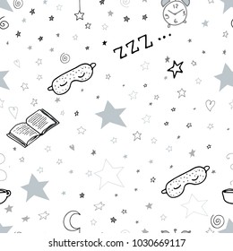 Seamless pattern with moon and stars sleeping bedtime elements sleeping mask book clock cup of tea doodle