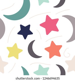 Seamless pattern with moon and stars in the space, with scandinavian style colors