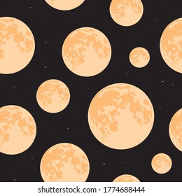 Seamless pattern with the moon and stars in space as a concept of science, astronomy, astrology, Vedic practices. Flat or realistic vector stock illustration with moon on a black background for web