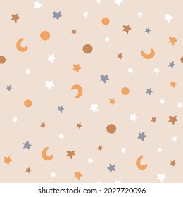 Seamless pattern with moon, stars, and sun. For printing children's textiles, fabrics, designs, decor, gift wrap. Isolated on background.