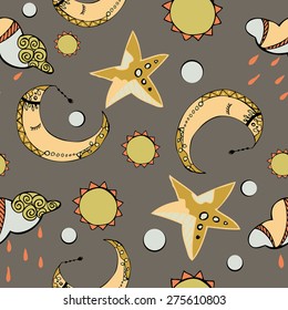 Seamless pattern with the moon , the stars , the sun. vector background 3