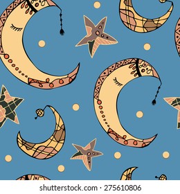 Seamless pattern with the moon , the stars , the sun. vector background 