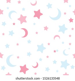 Seamless pattern with Moon and stars textured vector background baby print in pastel colors on white.