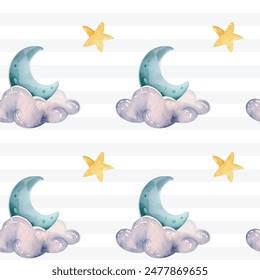 Seamless pattern with moon and stars. Watercolor background pastel colors. Delicate, magic childish decoration. Fairy patterns.