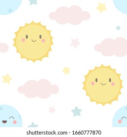 Seamless pattern with moon, sun, clouds and stars. Cute print for baby textiles, texture and fabrics.