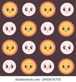 Seamless pattern with Moon and Sun. Trendy groovy cartoon characters. Vector illustration in flat style