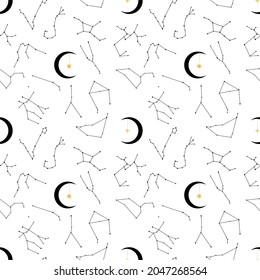 Seamless pattern with moon and Zodiac constellations Aries, Taurus, Gemini, Cancer, Leo, Virgo, Libra, Scorpio, Sagittarius, Capricornus, Aquarius, Pisces. Fabric, textile, wrapping paper, wallpaper