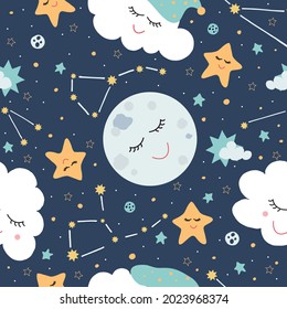 Seamless pattern with the Moon,Clouds and stars on a dark background.Kids Children's Wallpaper.Can use for textiles, bed linen, children's clothing.Vector illustration in the cartoon style
