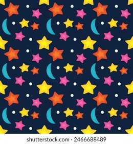 Seamless pattern with moons and color stars. Vector illustration. Print could be used for textile.
