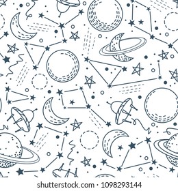 A seamless pattern with moons, planets, stars, constellations and spaceships. Ideal template for printing on children's clothing, dishes, fabrics, wallpaper, packaging, paper and other surfaces.