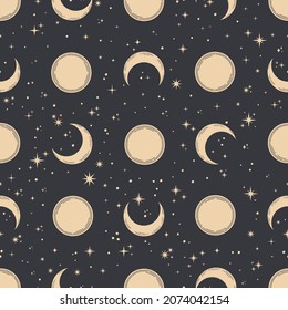 Seamless pattern with moons and stars