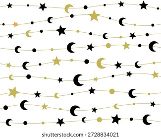 Patrón sin fisuras de lunas y estrellas en líneas fluidas en negro y oro, perfecto para diseños celestiales, Ramadán, vivero o festivos.