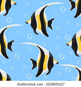 Seamless pattern with Moorish idol or Zanclus cornutus. Marine dwellers. Modern print for fabric, textiles, wrapping paper. Vector illustration