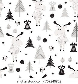 Seamless pattern with moose, bullfinch and trees in Scandinavian style. Christmas background in black and white colors.