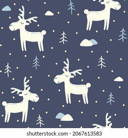 Seamless pattern with moose, Christmas trees, snowdrifts. Winter night in the forest, cartoon pattern.