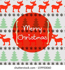 Seamless pattern with moose, fir tree and snowflake silhouettes. Christmas invitation or greeting card template.