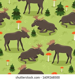 Seamless pattern with moose, fly agaric and  spruces. Vector graphics.