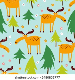 Seamless pattern with moose and forest plants on a blue background. Doodle vector illustration. Creative kids woodland texture for fabric, wrapping, textile.