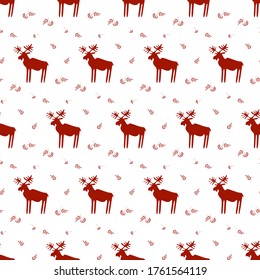 Seamless pattern with moose. Red elk silhouettes isolated on white background. Rowan brushes, leaves and berries. Vector illustration. Scandinavian style.