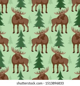 Seamless pattern with moose and trees on a green background.