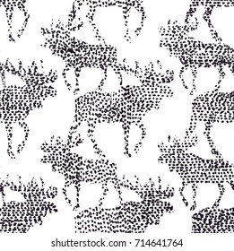 Seamless pattern with moose vintage style. An adult elk with large antlers. Plant leaves. Seamless pattern with dots. A simple drawing. Drawing by hand. Black and white. monochrome pattern.