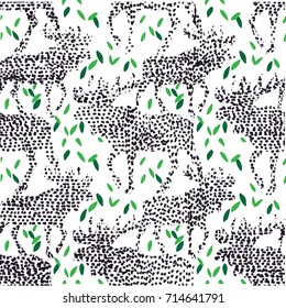 Seamless pattern with moose vintage style. An adult elk with large antlers. Plant leaves. Seamless pattern with dots. A simple drawing. Drawing by hand. Black and white. monochrome pattern.