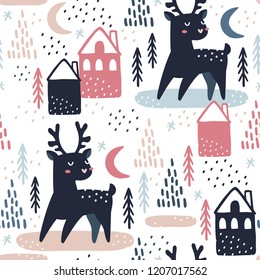 Seamless pattern with 
mooses, christmas trees and houses. Great for fabric, textile, wrapping paper. Vector Illustration