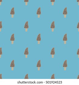 seamless pattern with a morel mushroom. on a light blue background