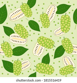 Seamless pattern of morinda citrifolia, noni fruit, superfood, on green background. Organic healthy food. Vector cartoon illustration.