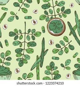 Patrón sin inconvenientes con la moringa: planta, hojas, píldora y polvo de moringa.Supercomida. Ilustración dibujada a mano por vectores.