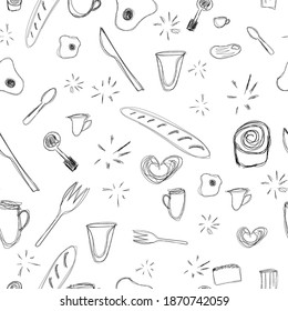 seamless pattern morning, breakfast. black and white doodle. get up early. wallpaper for the kitchen. scrambled eggs, coffee, knife, spoon, baguette, cup, cinnamon roll. morning things. print for fabr