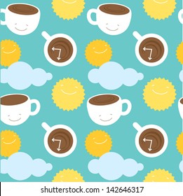 Seamless pattern morning coffee theme: cups with coffee, sun and clouds