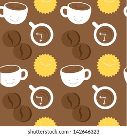 Seamless pattern morning coffee theme: cups with coffee, sun and coffee beans