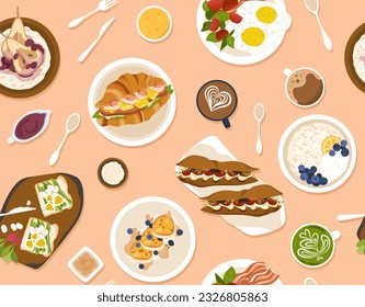 Seamless pattern with morning food. Repeating design element for printing on fabric. Milk porridge with hands. Buns and toasts with eggs. Traditional breakfast. Cartoon flat vector illustration