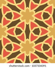 Seamless pattern moroccan ornament. Floral textile print. Islamic vector design. Oriental background with abstract flowers. Hexagonal trefoil swatch. Stained glass vitrage.