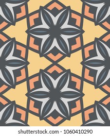 Seamless pattern moroccan ornament. Floral textile print. Islamic vector design. Oriental background with abstract flowers. Hexagonal trefoil swatch. Stained glass vitrage.