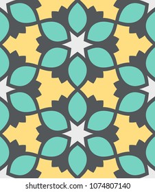 Seamless pattern moroccan ornament. Floral textile print. Islamic vector design. Oriental background with abstract flowers. Hexagonal trefoil swatch. Stained glass vitrage.