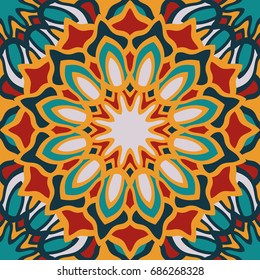 Seamless pattern moroccan ornament. Floral textile print. Islamic vector design. Oriental background with mandalas. Stained glass vitrage.