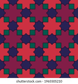 Seamless pattern. Moroccan stars and crosses tiles ornament. Oriental traditional ornamentation. Repeated geometric shapes. Ancient mosaic wallpaper. Ethnic motif. Geometrical digital paper