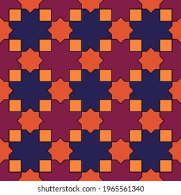 Seamless pattern. Moroccan stars and crosses tiles ornament. Oriental traditional ornamentation. Repeated geometric shapes. Ancient mosaic wallpaper. Ethnic motif. Geometrical digital paper. Vector.