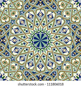 Seamless pattern in Moroccan style. Casablanca mosque detail. Mosaic tile. Islamic traditional ornament. Geometric background. Vector illustration. 