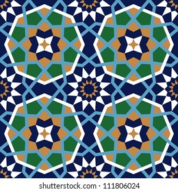 Seamless pattern in Moroccan style. Mosaic tile. Islamic traditional ornament. Geometric background. Vector illustration.